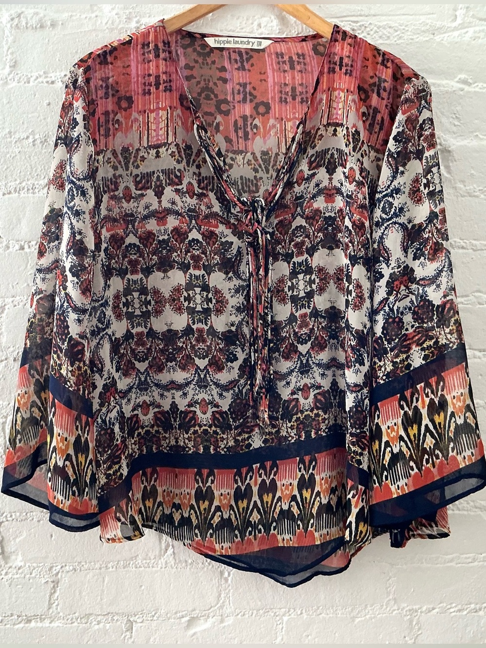 Hippie Laundry Flowy Boho Semi Sheer Top Floral Print Bell Sleeves Festival XL